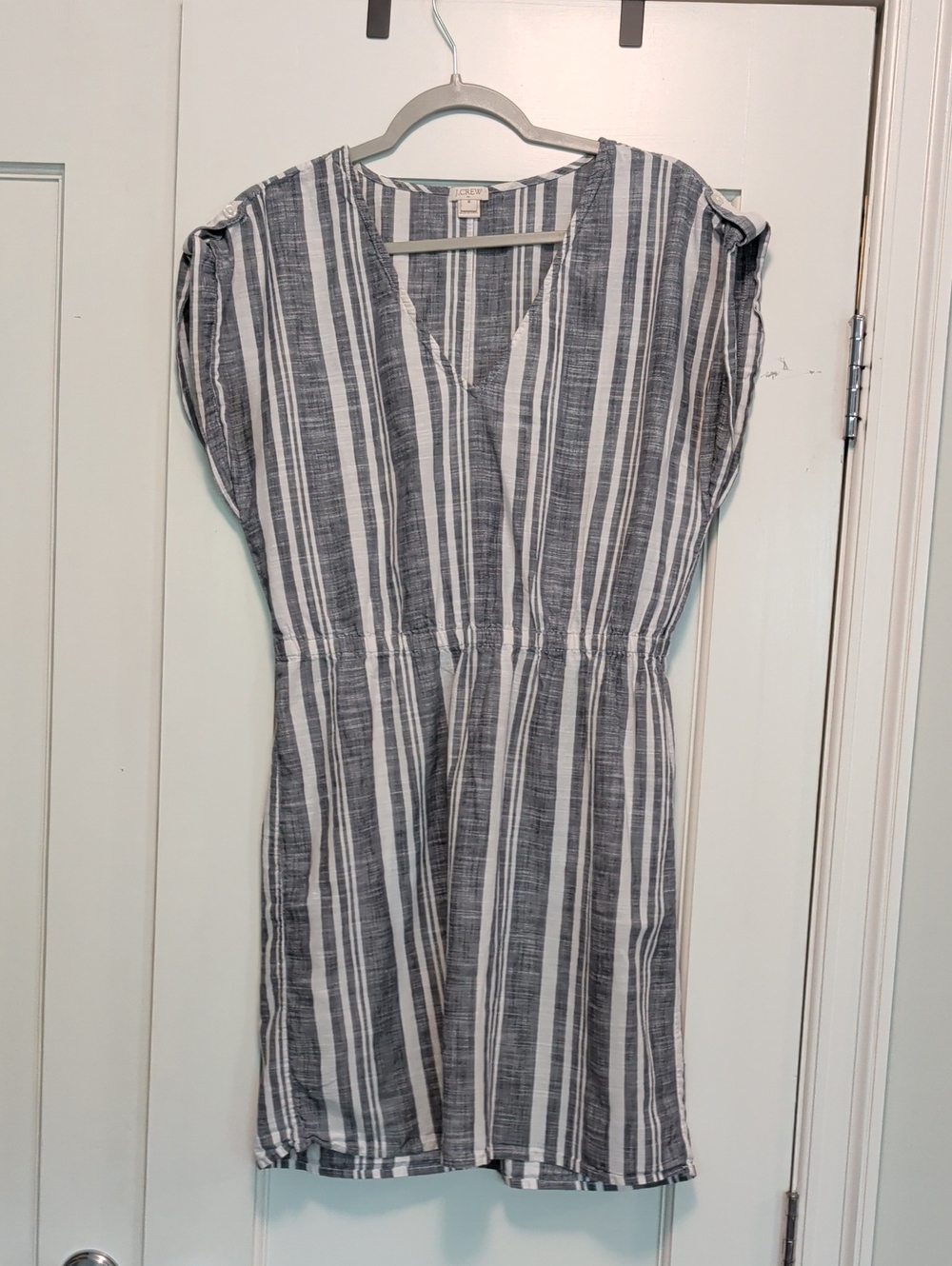 J. Crew Gray and White Vertical Stripe V-Neck Mini Dress Sz M